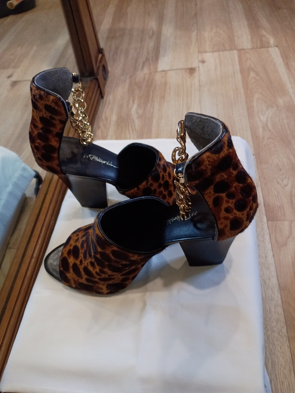3.1 Phillip Lim Leopard-Print Block Heel Sandals with Gold Chain